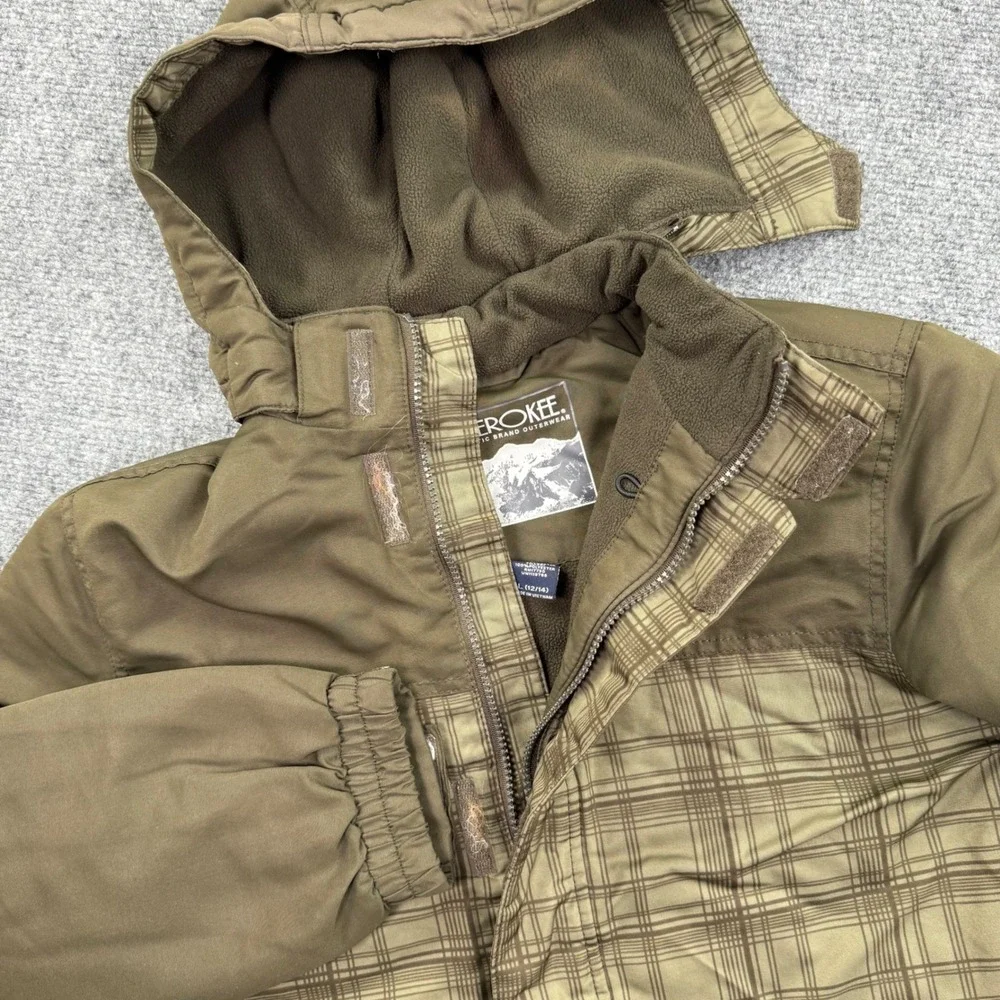 Cherokee Jacket Large 12/14 Puffer Coat Green Plaid Insulated Hooded Flaw‎ Youth